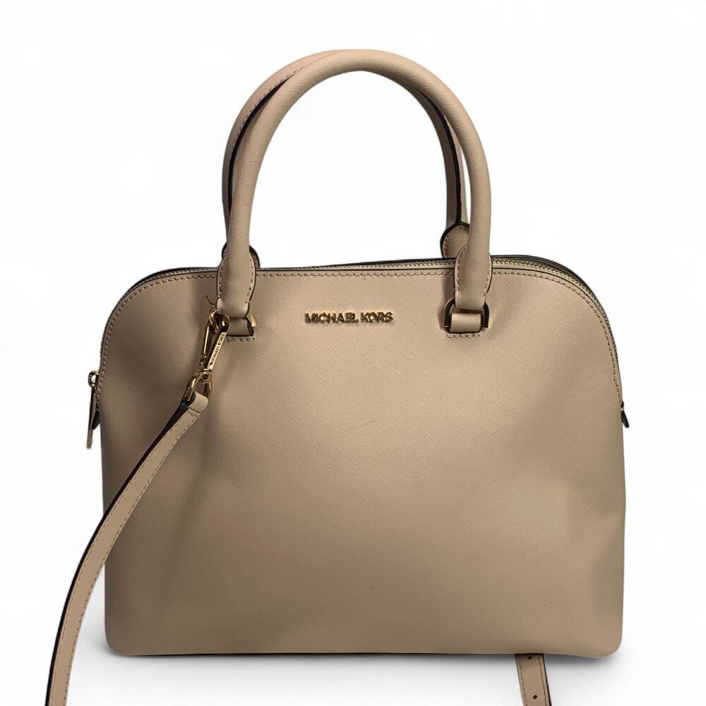 Michael Kors Cindy Large Dome Satchel Oyster Beige Leather Gold-Tone Hardware